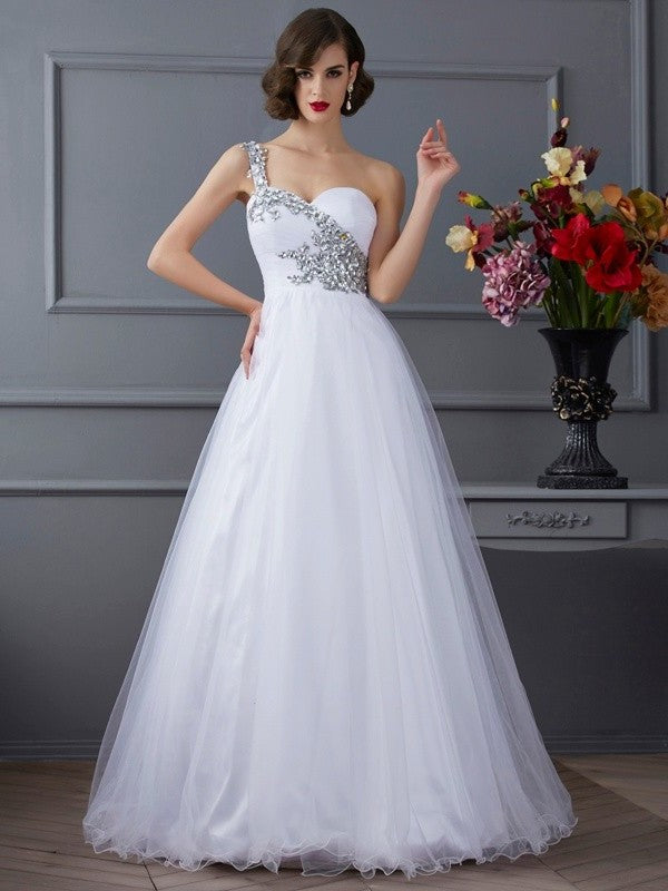 One-Shoulder Gown Woven Sleeveless Beading Elastic Long Ball Satin Quinceanera Dresses