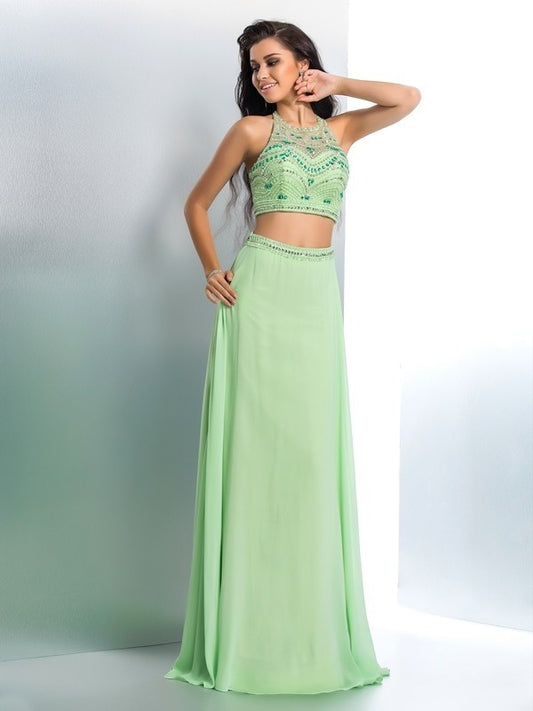 Chiffon A-Line/Princess Beading Halter Long Sleeveless Two Piece Dresses