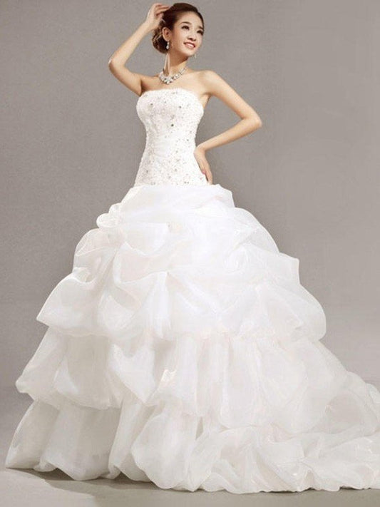 Train Sleeveless Pleats Gown Strapless Ball Beading Lace Cathedral Organza Wedding Dresses