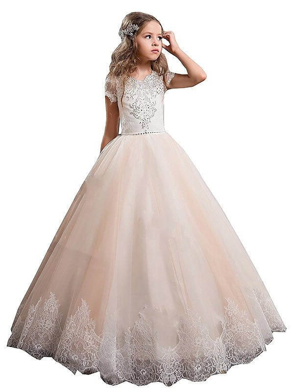 Gown V-neck Sleeves Tulle Short Floor-Length Lace Ball Flower Girl Dresses