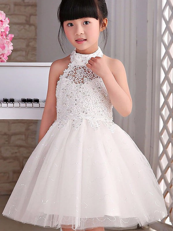 Tulle Knee-Length A-line/Princess Sleeveless Halter Beading Flower Girl Dresses