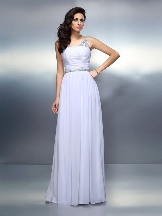 Beading A-Line/Princess Sleeveless Scoop Long Chiffon Dresses