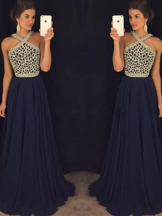 A-Line/Princess Chiffon Halter Sleeveless Beading Floor-Length Dresses