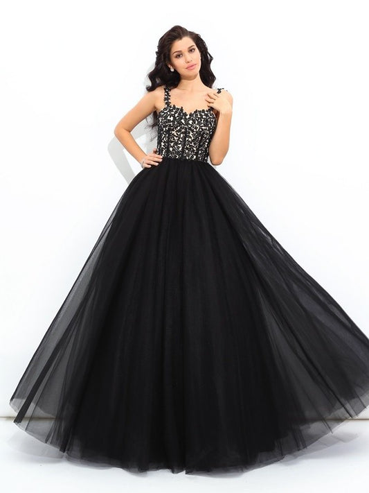 Straps Applique Sleeveless Long Ball Gown Net Quinceanera Dresses