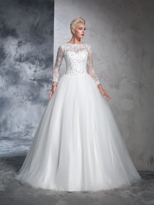 Long Bateau Long Ball Gown Lace Sleeves Net Wedding Dresses