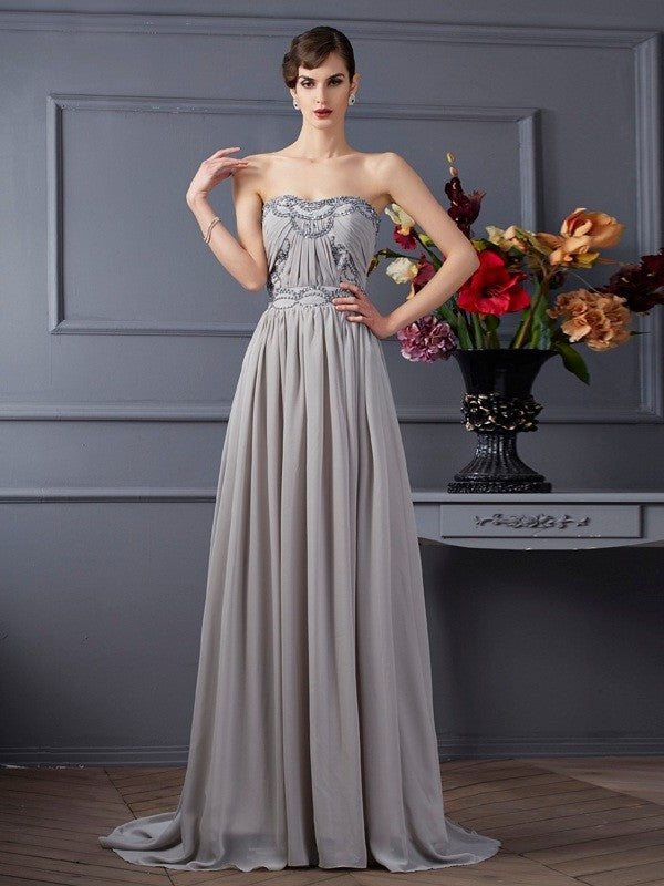 Pleats Beading Sleeveless A-Line/Princess Sweetheart Long Chiffon Dresses