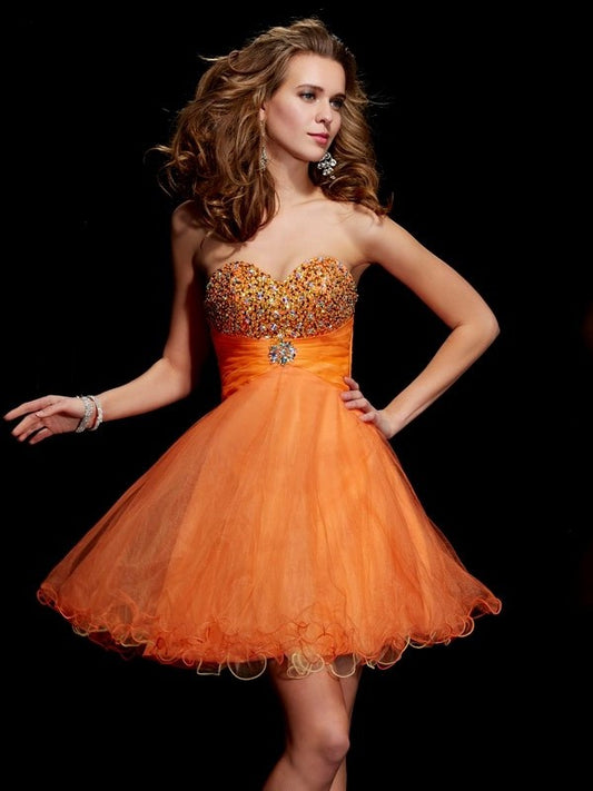 Beading Sleeveless Short A-Line/Princess Strapless Organza Homecoming Dresses