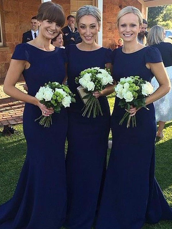 Sleeves Scoop Sheath/Column Floor-Length Short Satin Bridesmaid Dresses