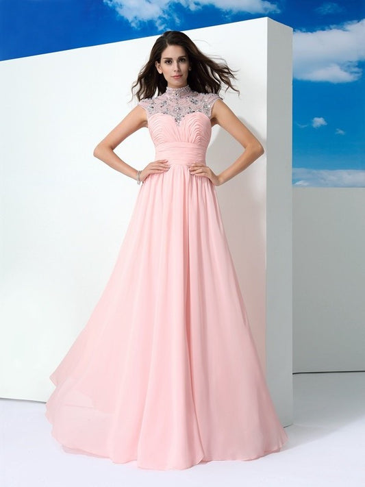 Sheer Neck A-Line/Princess Sleeveless Beading Long Chiffon Dresses