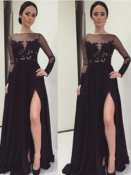 Bateau A-Line/Princess Long Lace Sleeves Floor-Length Chiffon Dresses