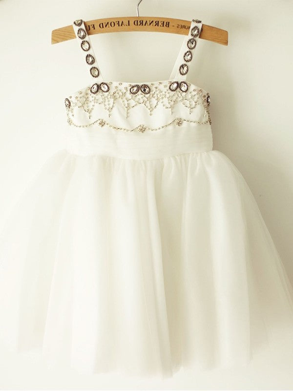 Tulle A-Line/Princess Knee-Length Straps Sleeveless Beading Flower Girl Dresses