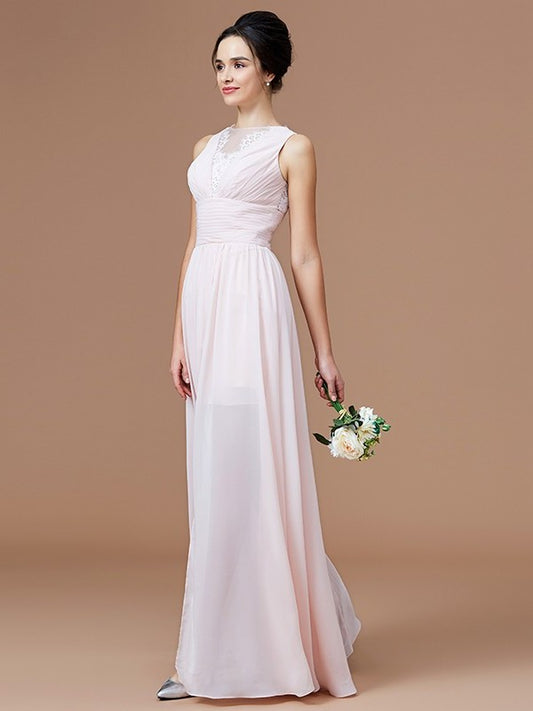 Sleeveless Jewel A-Line/Princess Ruched Floor-Length Chiffon Bridesmaid Dresses