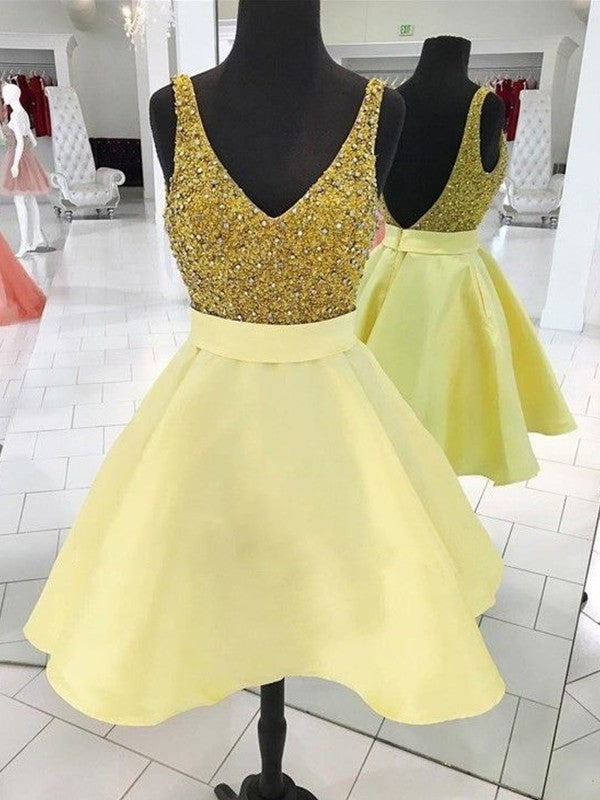 Satin A-Line With Cut Beading Short V-neck Yellow Homecoming Dresses