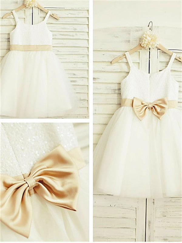 A-line/Princess Sleeveless Bowknot Tulle Knee-Length Spaghetti Straps Flower Girl Dresses