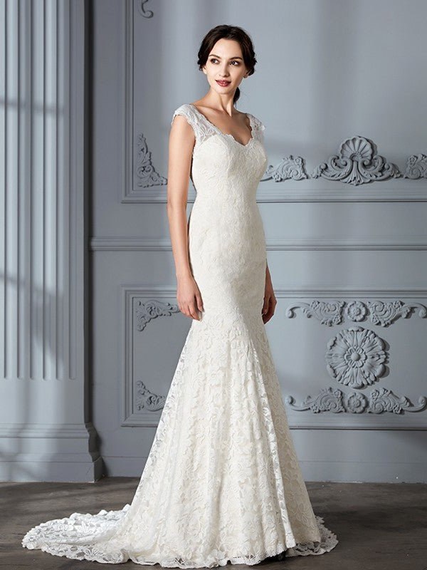 Lace V-Neck Sleeveless Sweep/Brush Trumpet/Mermaid Train Wedding Dresses