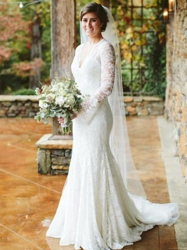 Trumpet/Mermaid Sweep/Brush Ruffles Train Long V-neck Sleeves Lace Wedding Dresses