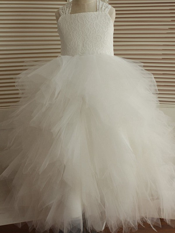 Tulle A-Line/Princess Ankle-Length Sleeveless Lace Straps Flower Girl Dresses