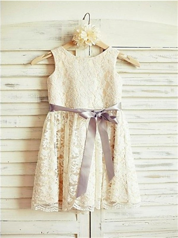 Tea-Length Bowknot A-line/Princess Lace Sleeveless Scoop Flower Girl Dresses