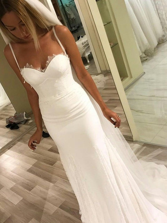 Sleeveless Sweep/Brush Train Sweetheart Sheath/Column Spaghetti Straps Lace Wedding Dresses