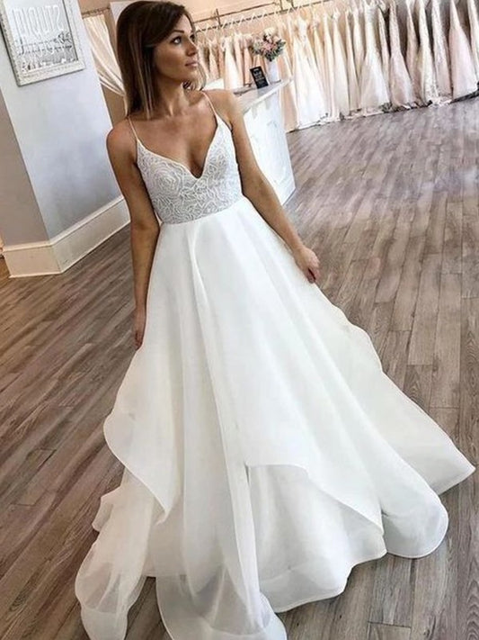 Straps Sweep/Brush Train A-Line/Princess Chiffon Spaghetti Ruffles Sleeveless Wedding Dresses