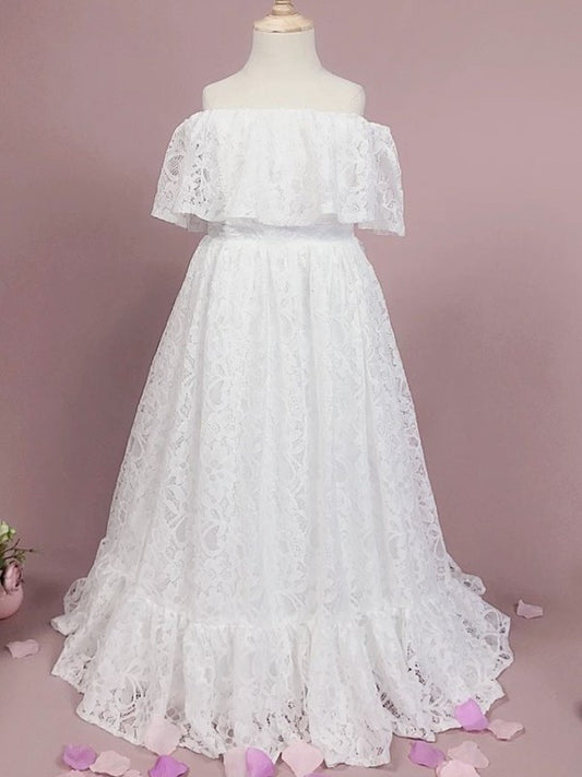 Off-the-Shoulder Lace A-Line/Princess Floor-Length Sleeveless Ruffles Flower Girl Dresses