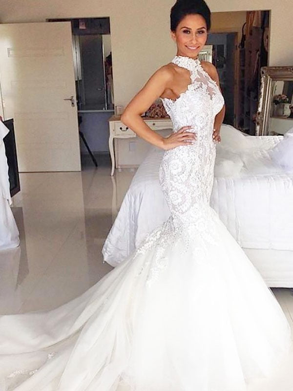 Tulle Halter Train Trumpet/Mermaid Court Sleeveless Wedding Dresses