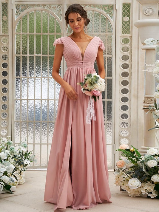 Ruffles Sleeveless Chiffon A-Line/Princess V-neck Sweep/Brush Train Bridesmaid Dresses