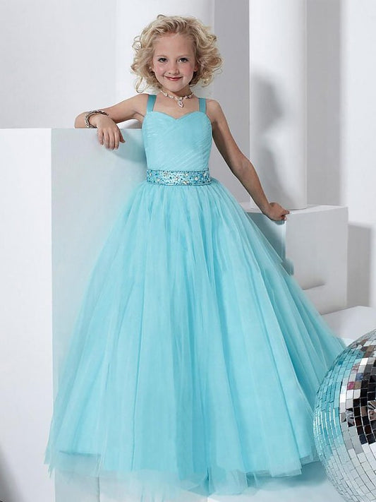 Gown Floor-Length Straps Tulle Ball Crystal Sleeveless Flower Girl Dresses