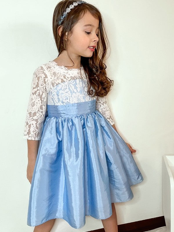 Knee-Length A-Line/Princess Scoop 3/4 Lace Taffeta Sleeves Flower Girl Dresses