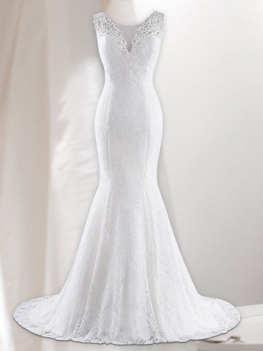 V-neck Sweep/Brush Trumpet/Mermaid Lace Sleeveless Train Wedding Dresses