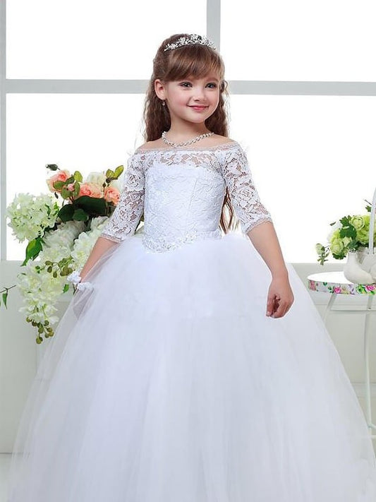 Off-the-Shoulder Floor-Length Ball Tulle Gown Sleeves Lace 1/2 Flower Girl Dresses