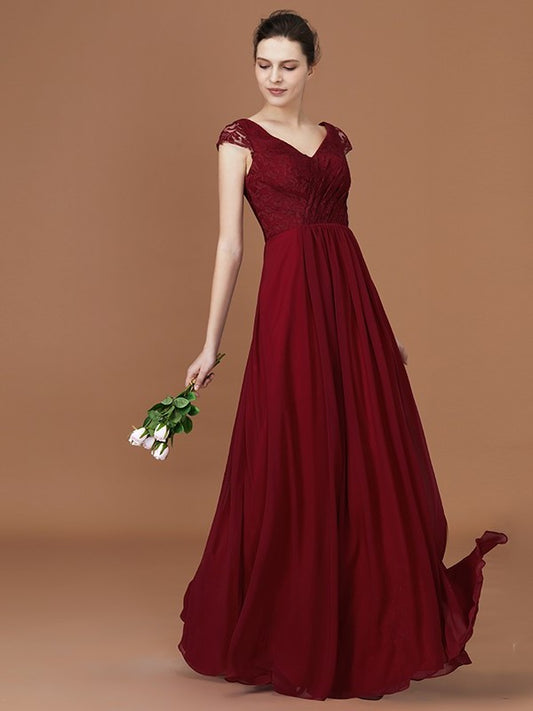 Short Lace Chiffon Sleeves V-neck Ruched A-Line/Princess Floor-Length Bridesmaid Dresses