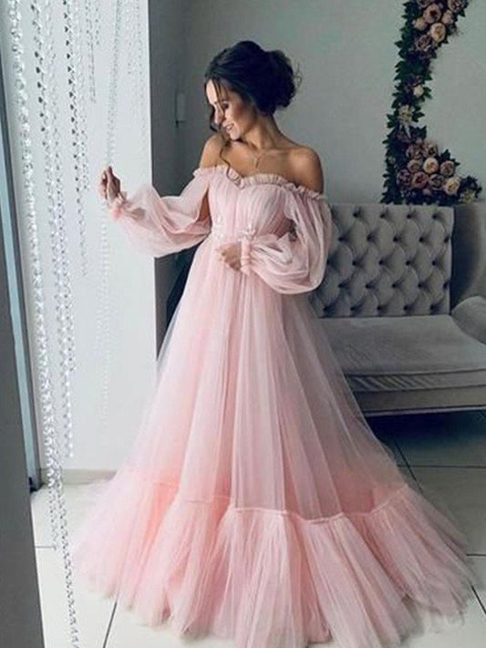 Off-the-Shoulder Tulle Applique A-Line/Princess Long Sleeves Floor-Length Dresses