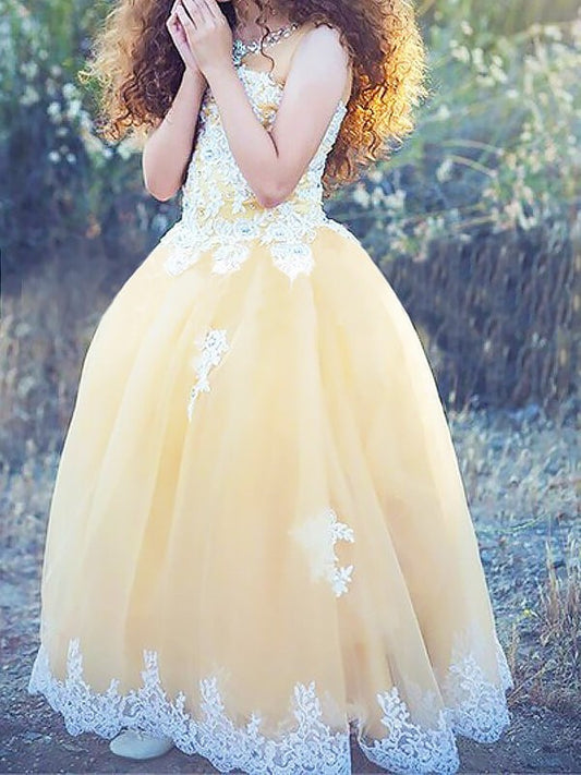 Gown Floor-Length Sleeveless Ball Applique Jewel Tulle Flower Girl Dresses