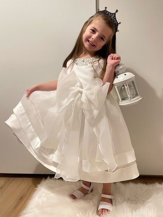 Satin Jewel Sleeveless Tea-Length A-Line/Princess Bowknot Flower Girl Dresses