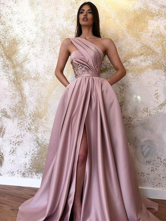 A-Line/Princess Satin Ruched One-Shoulder Sleeveless Sweep/Brush Train Dresses