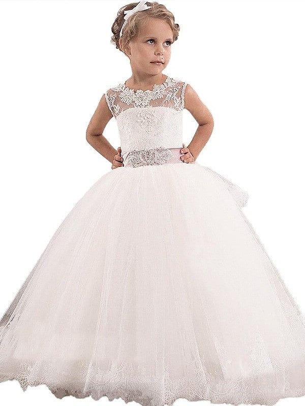 Sleeveless Floor-Length Gown Tulle Lace Scoop Ball Flower Girl Dresses