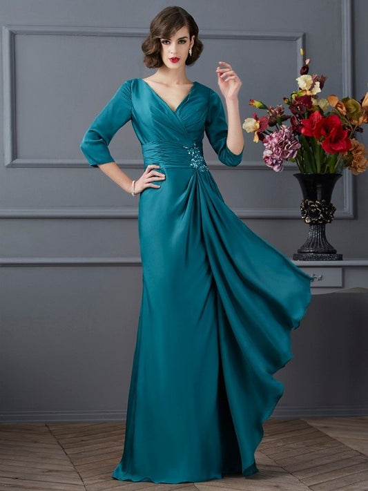 Sleeves Beading Chiffon V-neck 3/4 Mother Long A-Line/Princess of the Bride Dresses