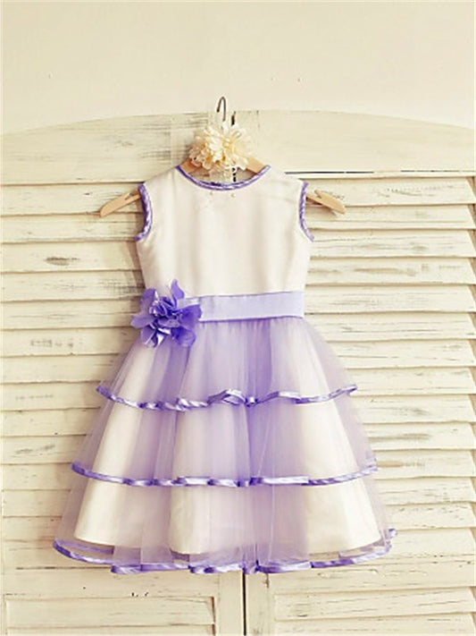 Scoop Tea-Length Tulle Flower Sleeveless Hand-made A-line/Princess Flower Girl Dresses