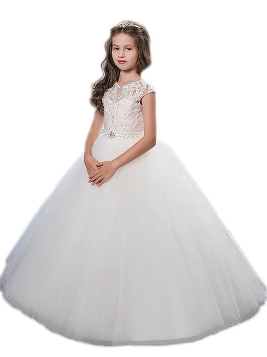 Tulle Scoop Ball Beading Floor-Length Gown Sleeveless Flower Girl Dresses