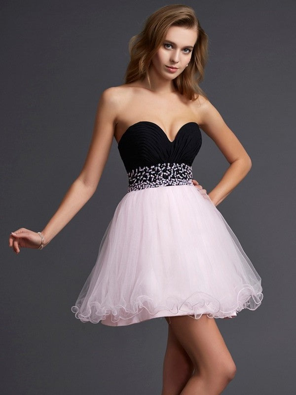 Beading Short Sweetheart Elastic Woven A-Line/Princess Sleeveless Satin Homecoming Dresses