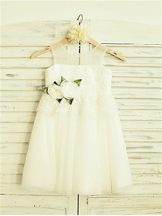 Hand-made A-line/Princess Straps Sleeveless Flower Tea-Length Tulle Flower Girl Dresses