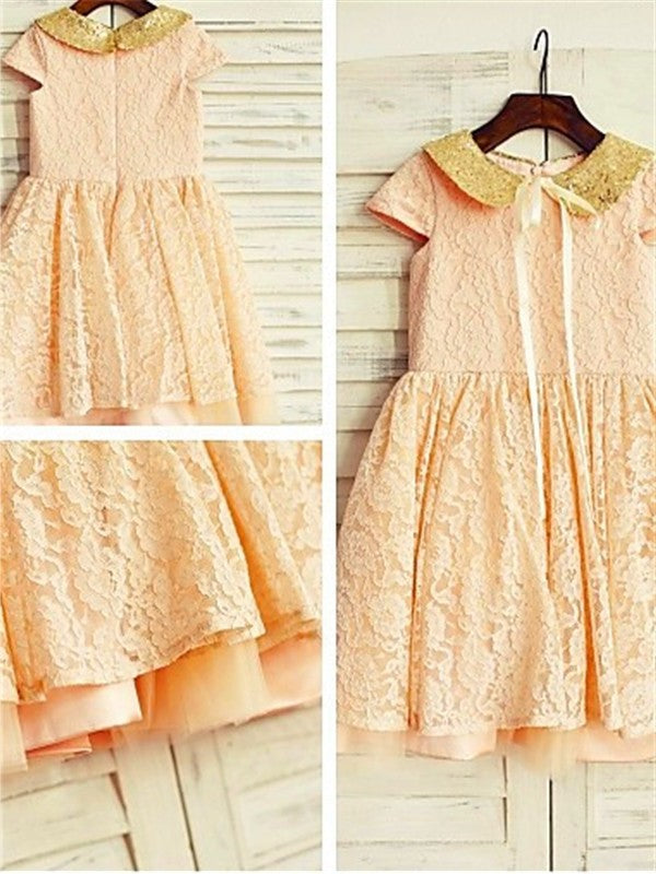 Tea-Length Short Lace Sequin Sleeves Scoop A-line/Princess Flower Girl Dresses