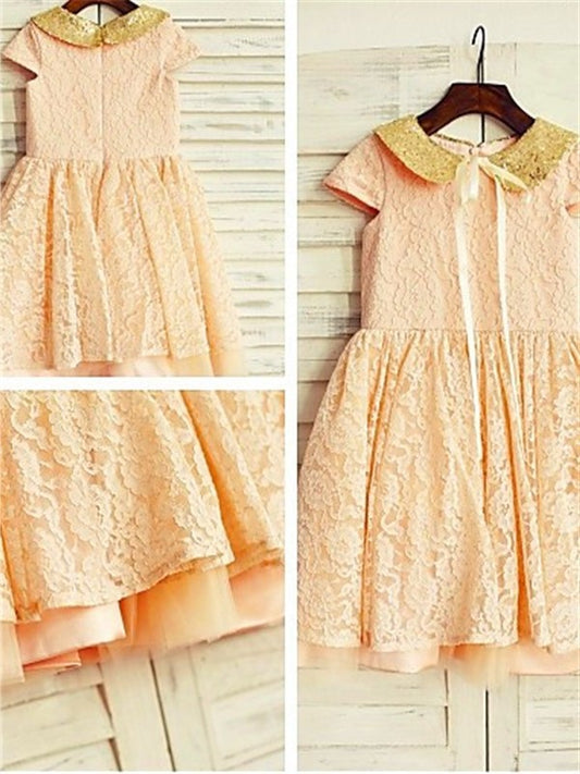 Tea-Length Short Lace Sequin Sleeves Scoop A-line/Princess Flower Girl Dresses