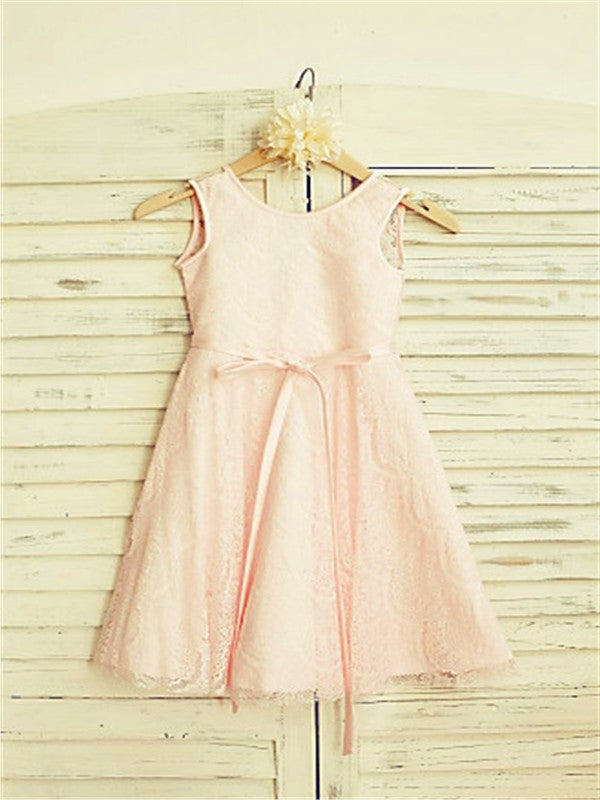 A-line/Princess Scoop Sash/Ribbon/Belt Tea-Length Lace Sleeveless Flower Girl Dresses