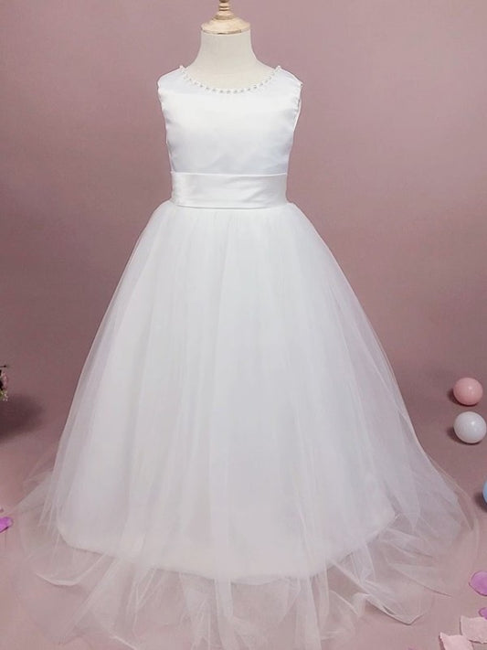 Tulle Sleeveless A-Line/Princess Bowknot Scoop Floor-Length Flower Girl Dresses