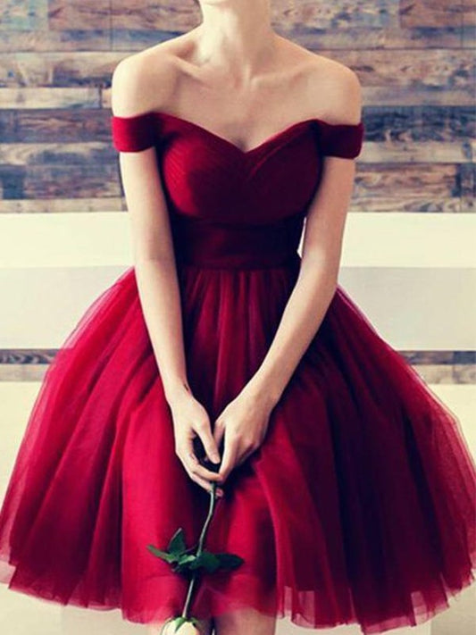 Short Tulle Ruffles Cut A-Line With Off-the-Shoulder Red Homecoming Dresses