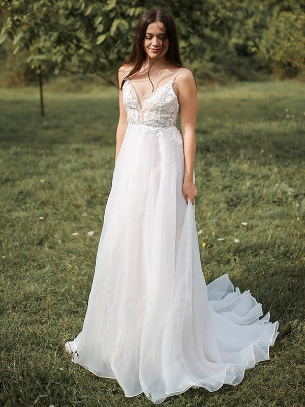 Sweep/Brush A-Line/Princess Spaghetti Straps Sleeveless Chiffon Applique Train Wedding Dresses