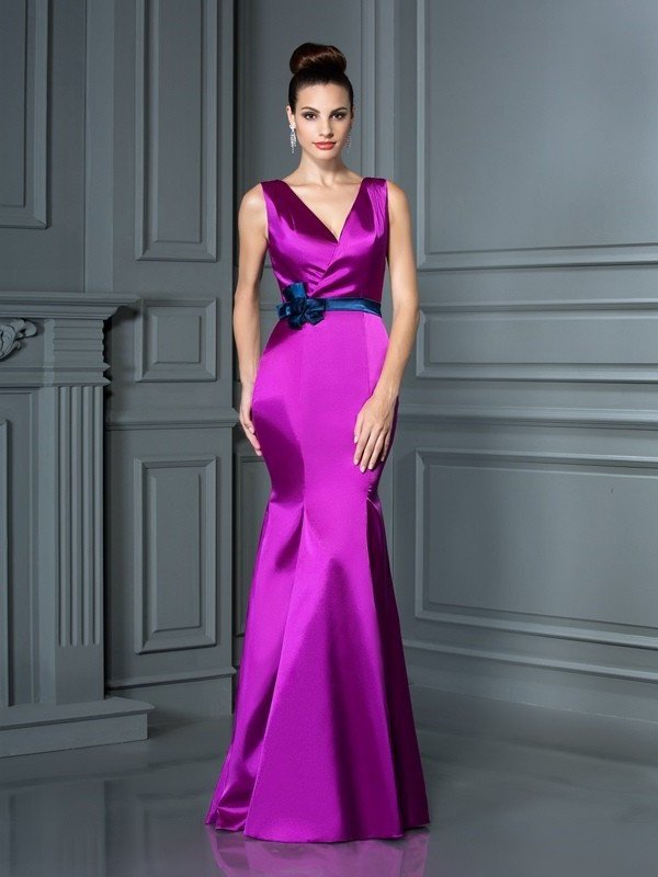 Trumpet/Mermaid Long Woven Flower V-neck Hand-Made Elastic Sleeveless Satin Bridesmaid Dresses