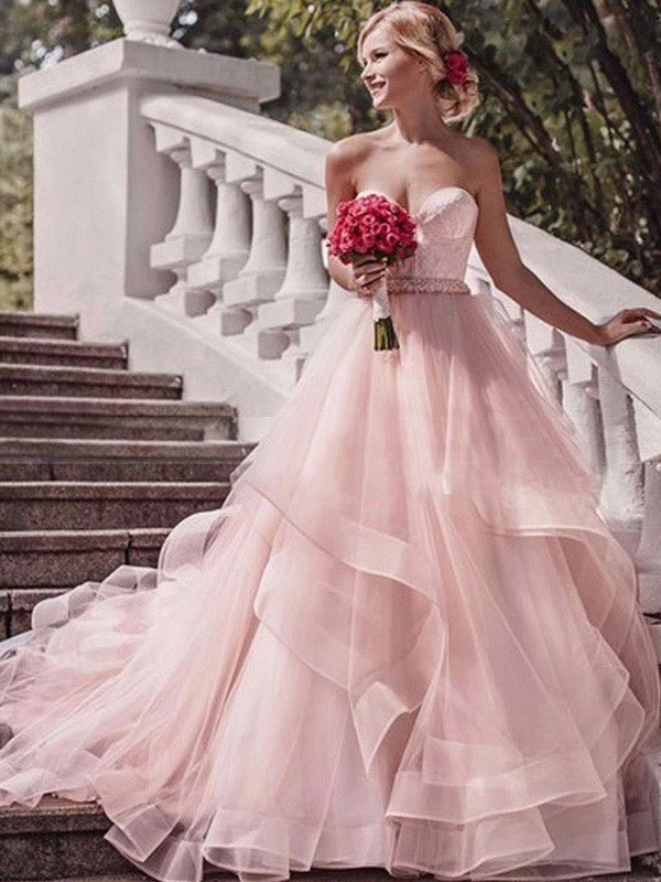 Court Layers Train Sweetheart Gown Ball Sleeveless Organza Wedding Dresses